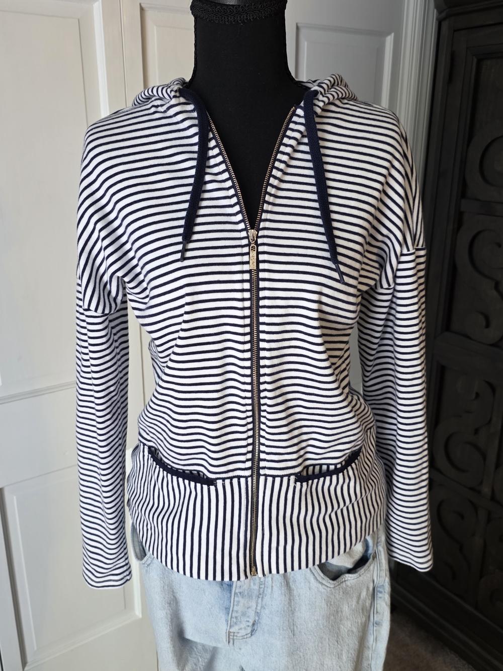 Vineyard Vines Striped Zip Hoodie XS Navy White Nautical Preppy Lightweight